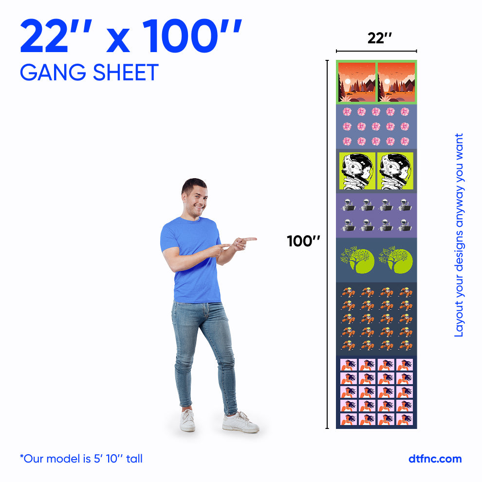 22x100 inch gang sheet with sample designs.