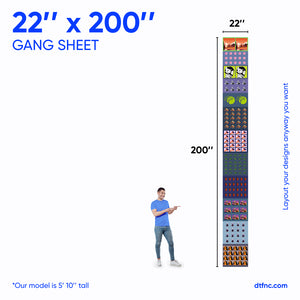 DTF gang sheet with multiple colorful designs arranged closely for heat transfer.