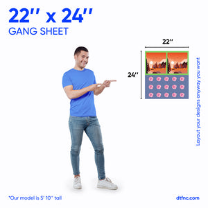 DTF gang sheet with multiple transfer designs.