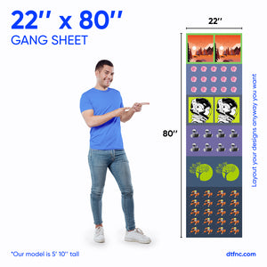Gang sheet featuring colorful DTF artwork.