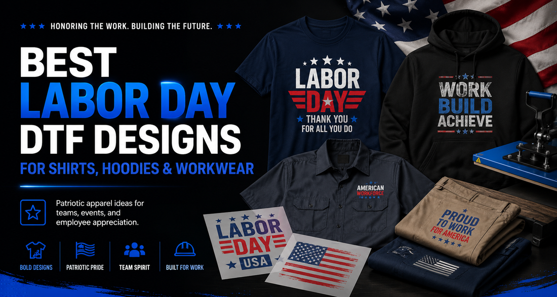Labor Day DTF designs for shirts, hoodies and workwear with patriotic and employee appreciation graphics