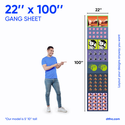22x100 inch gang sheet with sample designs.