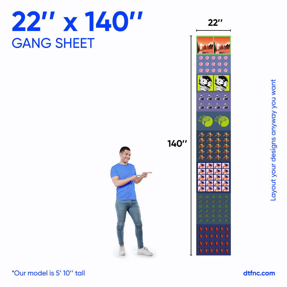 Heat-ready DTF gang sheet.