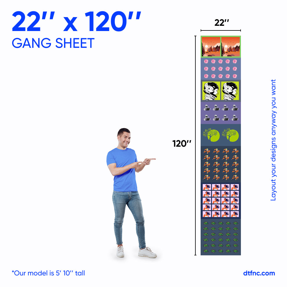 "Colorful transfer gang sheet, 22x120 size"