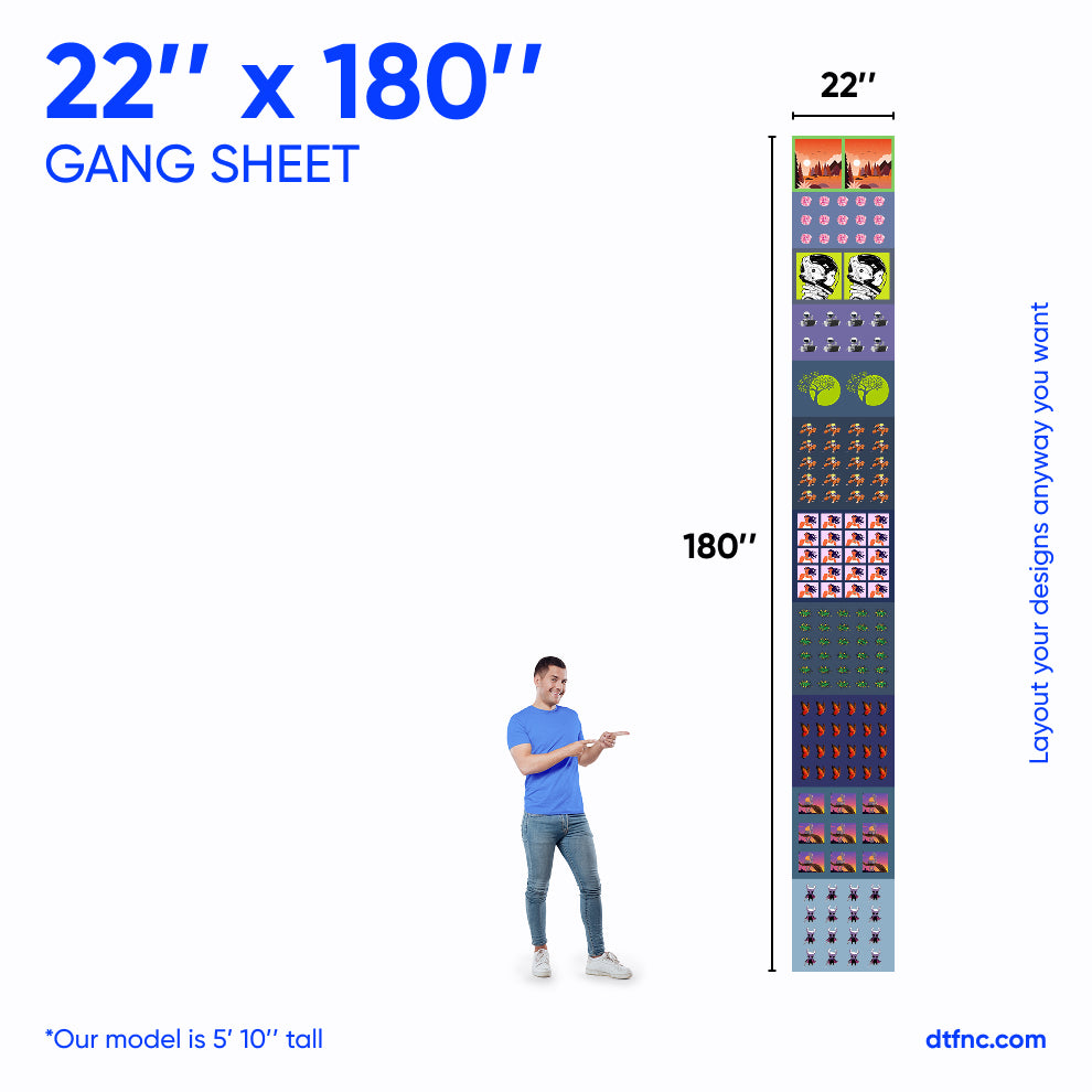"Colorful transfer gang sheet, 22x80 size"