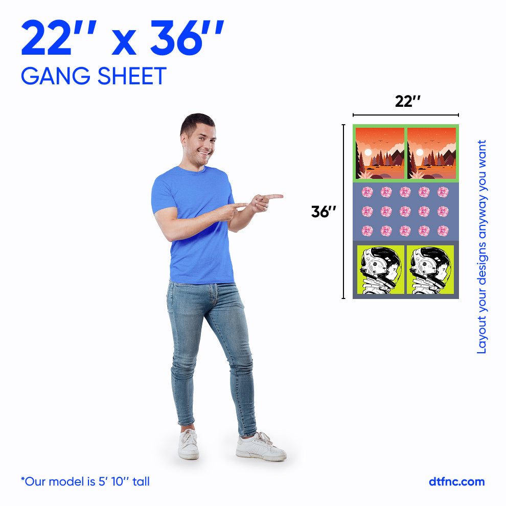 "22x36 inch gang sheet with sample designs"