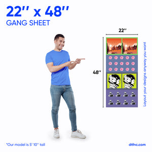 "DTF transfer sheet with tall layout and designs"