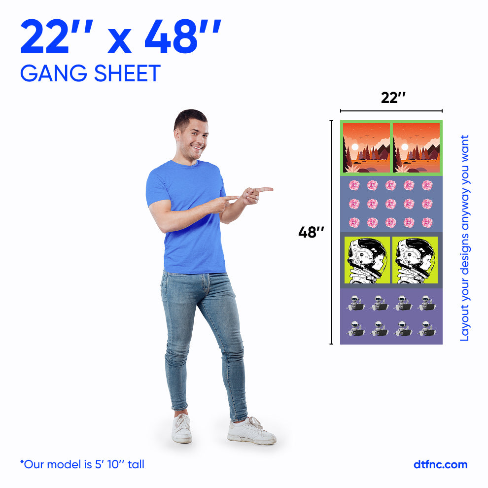 "DTF transfer sheet with tall layout and designs"